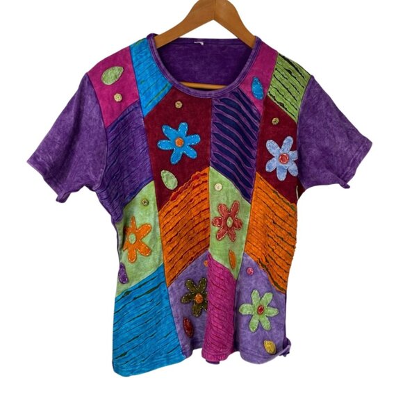 Patchwork Boho Hippie Flower Fairy Colorful Top Multicolor Size L/XL - Picture 1 of 9